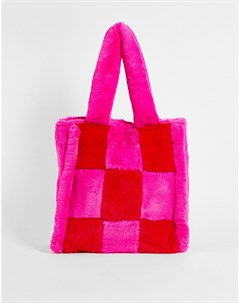 Розово красная пушистая сумка тоут в шахматную клетку Sonya Skinnydip