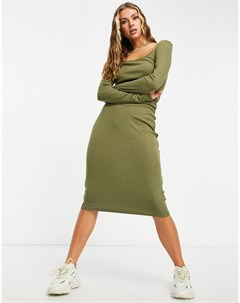 Облегающее трикотажное платье миди в рубчик пыльно зеленого цвета Na-kd