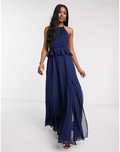 Темно синее платье макси с плиссировкой и оборками Asos design