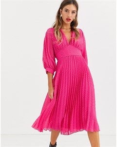 Ярко розовое плиссированное платье миди с шевронообразным рисунком Asos design