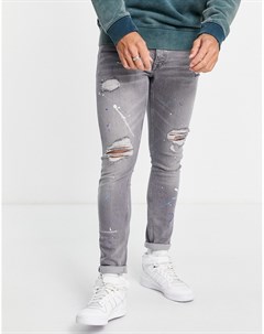 Серые эластичные джинсы зауженного кроя со рваной отделкой заплатками и дизайном в виде брызг краски Topman