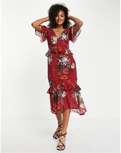 Чайное платье миди с расклешенными рукавами и комбинированным цветочным принтом Hope & ivy
