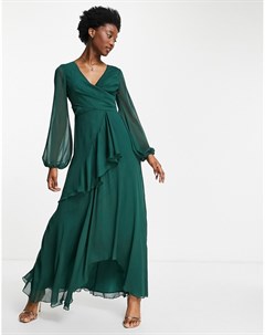 Зеленое платье макси с запахом на талии и двухслойной юбкой Asos design
