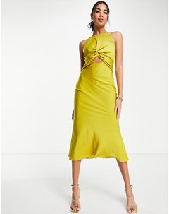 Атласное платье миди оливкового цвета с узлом спереди и завязками сзади Asos design