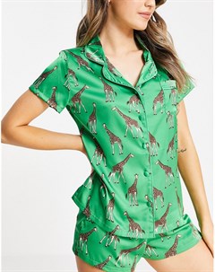 Зеленый атласный пижамный комплект из шортов и рубашки с отложным воротником с принтом жирафа Feria Bluebella