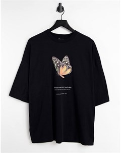 Черная oversized футболка с принтом бабочки и надписью спереди Asos design