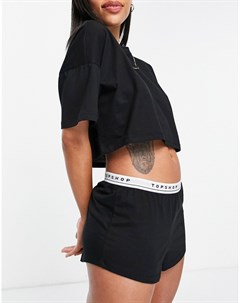 Черный пижамный комплект со свободным топом и шортами с отделкой с названием бренда Topshop
