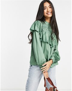 Зеленая блузка с длинными рукавами и ажурной вышивкой River island