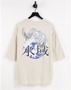 Бежевая oversized футболка с принтом птицы на спине Asos design