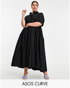 Черное ярусное платье рубашка в стиле oversized Curve Asos edition