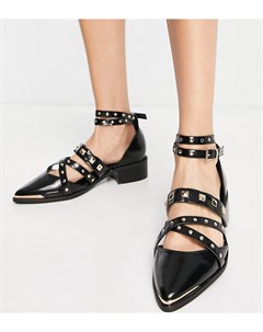 Черные туфли для широкой стопы на плоской подошве с металлической отделкой и острым носком Asos design
