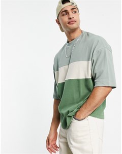Oversized футболка из вафельного трикотажа в стиле колор блок зеленого и бежевого цвета Asos design