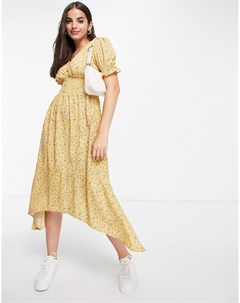 Желтое чайное платье миди с присборенной талией и мелким цветочным принтом Influence