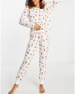 Кремовый пижамный комплект из переработанного трикотажа с джоггерами и топом с летним принтом в стил Chelsea peers