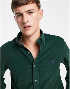 Зеленая рубашка узкого кроя в мелкий рубчик с застежкой на пуговицах и маленьким логотипом Polo ralph lauren
