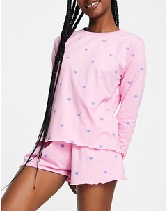 Пижамный комплект розового цвета с принтом сердечек Heartbreak