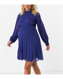 Платье мини темно синего цвета с высоким воротом плиссировкой длинными рукавами и расклешенной юбкой Asos maternity