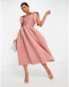 Нежно розовое платье миди на выпускной со сборками и широкими завязками Asos design