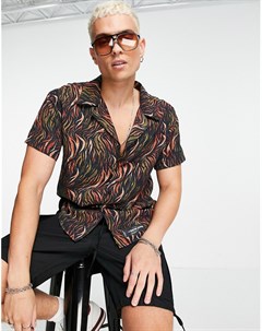 Черная рубашка с короткими рукавами тропическим принтом и отложным воротником от комплекта Sixth june