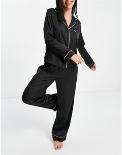Черная атласная пижама с рубашкой с длинными рукавами и брюками Asos design