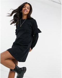 Платье свитшот мини черного цвета с оборками на рукавах New look