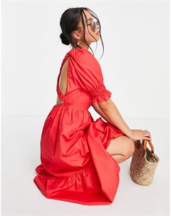 Красное платье миди из поплина с присборенной юбкой и присборенными плечами Topshop
