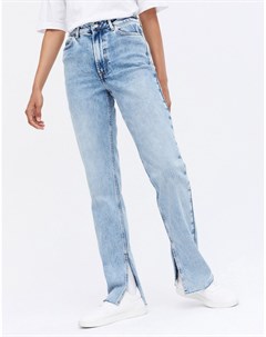 Голубые прямые джинсы с разрезами по низу штанин New look