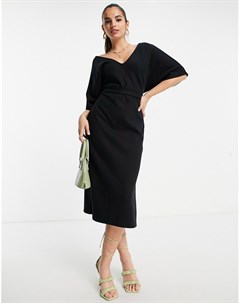 Черное очень мягкое платье джемпер миди с поясом и V образным вырезом Asos design