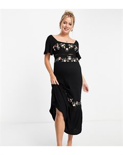Черное платье миди из жатой ткани с квадратным вырезом ступенчатой отделкой и цветочной вышивкой ASO Asos maternity