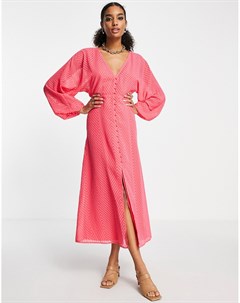 Ярко розовое платье миди с фактурным узором елочка рукавами летучая мышь и сквозной застежкой на пуг Asos design