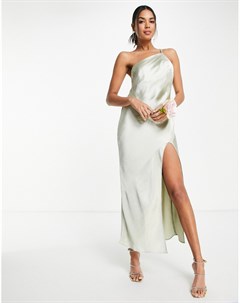 Атласное платье мидакси на одно плечо с драпировкой на спине оливкового света Bridesmaid Asos design