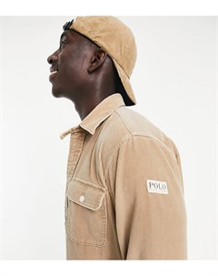 Вельветовая рубашка навыпуск светло коричневого цвета с карманами и нашивкой с логотипом на рукаве и Polo ralph lauren