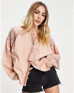 Светло розовая блузка с завязкой с кисточками и вставками в стиле кроше Topshop