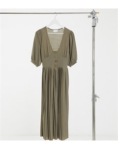 Платье миди на пуговицах с короткими рукавами и плиссировкой цвета хаки ASOS DESIGN Tall Asos tall