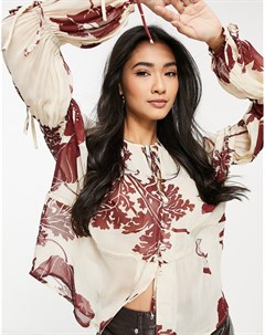 Полупрозрачная блузка кремового цвета с коричневым цветочным принтом на пуговицах с завязками на рук Asos design