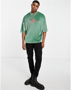 Зеленая бархатная oversized футболка с вышивкой в стиле граффити на груди Asos design
