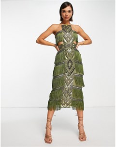 Зеленое декорированное платье футляр с высоким воротником и бахромой Asos design