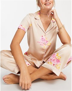 Атласный пижамный комплект из рубашки и брюк с цветочным принтом нежно розового цвета Vero moda