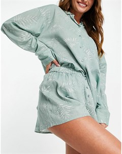 Шалфейно зеленый пижамный комплект из рубашки и шорт с принтом папоротника Topshop