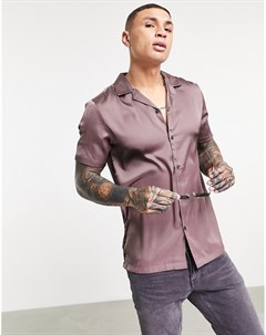 Атласная рубашка лилового цвета классического кроя с короткими рукавами и воротником с лацканами Asos design