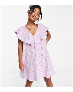Сиреневое платье с вышивкой ришелье V образным вырезом и накладкой с оборками Petite Asos design