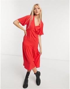 Ярко красное платье миди с ярусным подолом New look