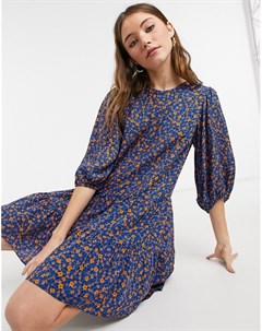 Двухъярусное свободное платье мини голубого цвета с цветочным принтом New look