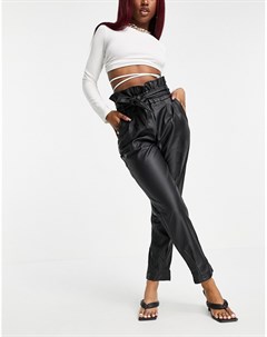 Черные брюки из искусственной кожи с завязками на талии и складками Hourglass Asos design