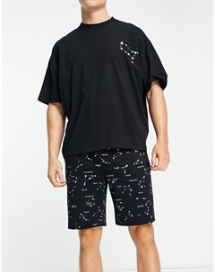 Пижамный комплект с футболкой и шортами черного цвета с принтом зодиакальных созвездий Asos design