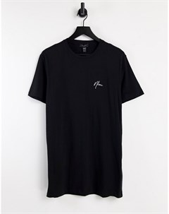 Черная удлиненная футболка с вышивкой NLM New look