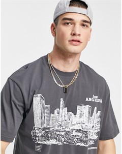 Серая футболка в стиле oversized с эскизным принтом Лос Анджелеса Topman