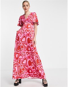 Розовое платье макси с расклешенными рукавами и принтом сердечек Twisted wunder