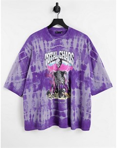 Oversized футболка фиолетового цвета с эффектом тай дай и принтом скелета Asos design