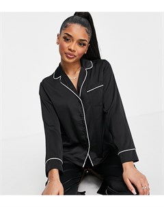 Черная атласная пижама с рубашкой с длинными рукавами и штанами ASOS DESIGN Petite Asos petite